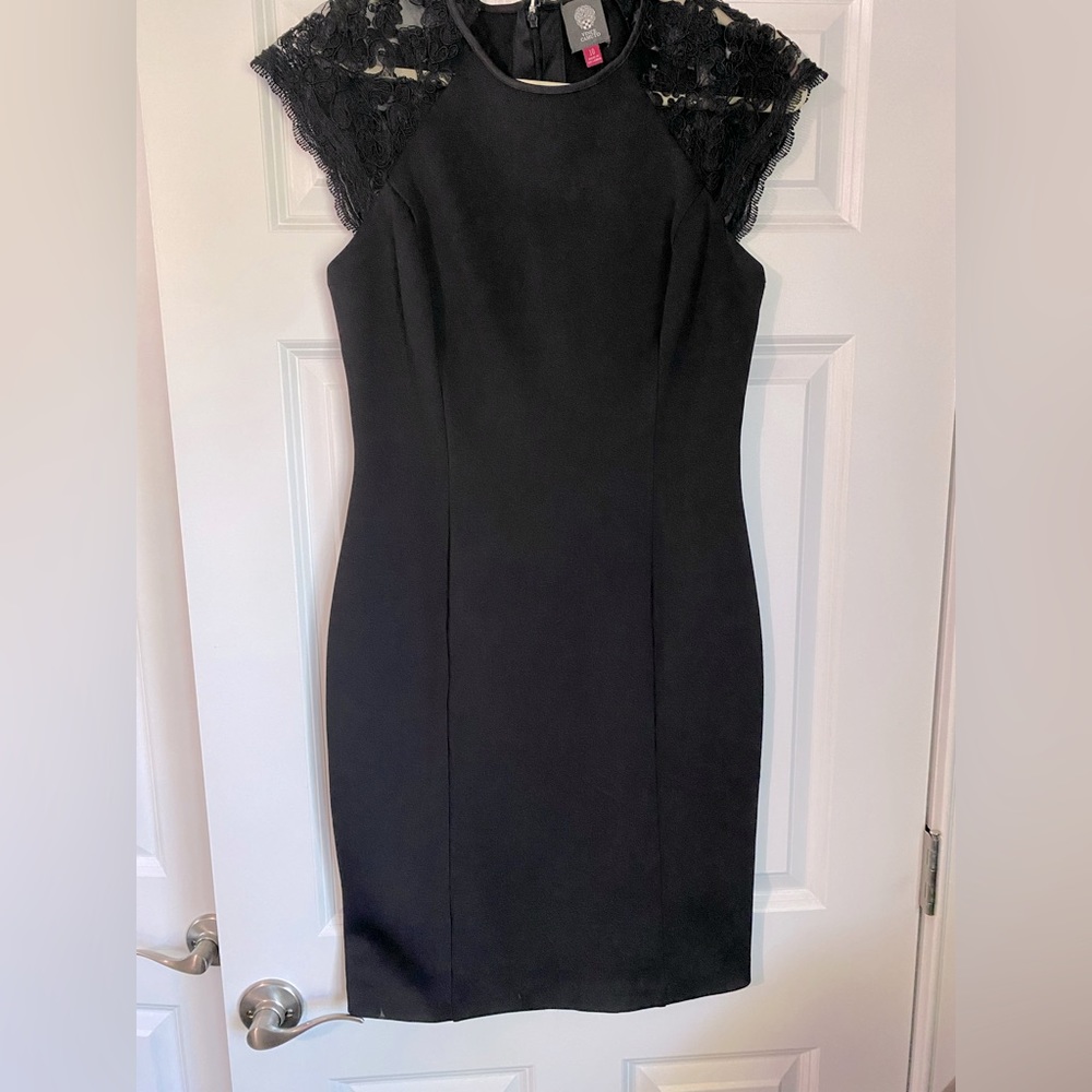 Vince Camuto Black Fitted Dress with Lace Sleeves